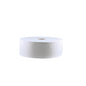Um rolo grande de papel higiénico reciclado CWS, perfurado, branco, 2 camadas | Caixa (6 rolos) da CWS é mostrado de lado contra um fundo branco simples.