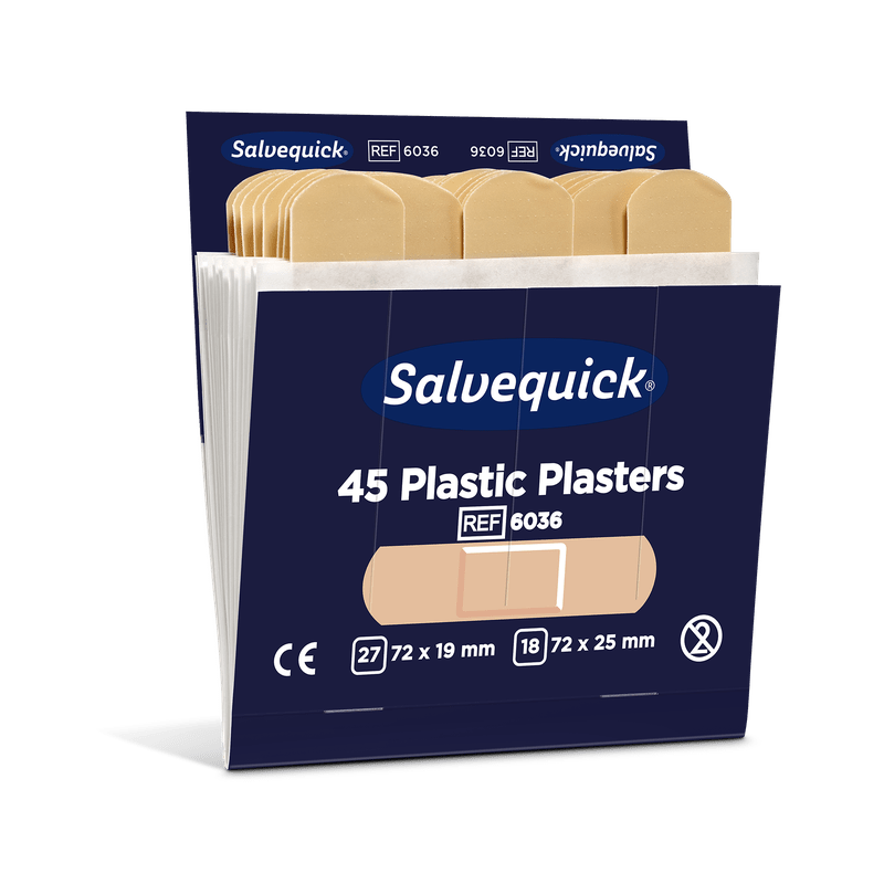 Em um Orkla Wound Care AB parcialmente aberto, 45 adesivos plásticos/recarga (6 peças), há 27 adesivos de 72x19mm e 18 de 72x25mm, que permitem um cuidado confortável das feridas.