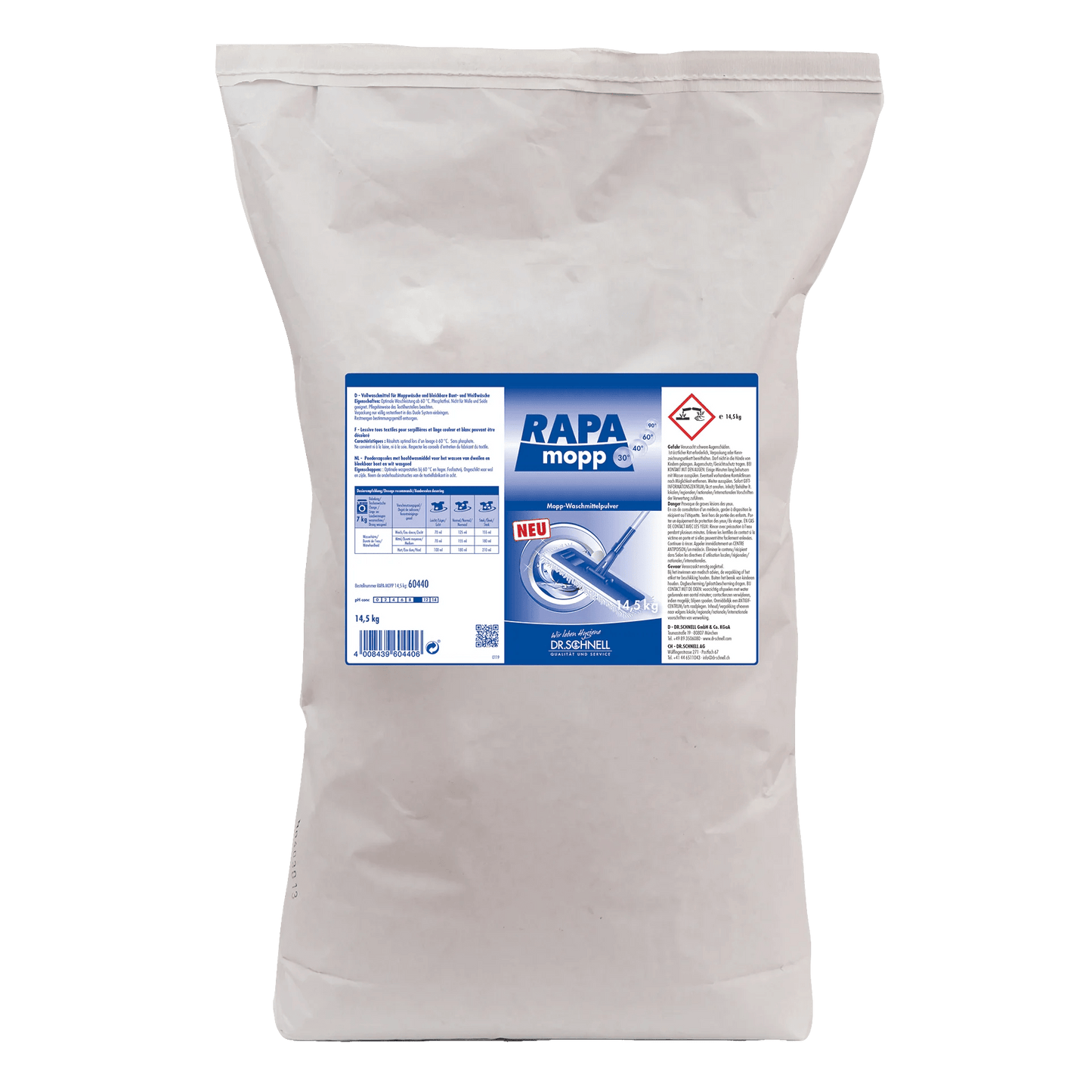 Um saco de plástico branco de 1450g Dr. Schnell RAPA MOPP Detergente em pó para lavagem de esfregões sem fosfato da DR.SCHNELL GmbH & Co. KGaA está equipado com símbolos de segurança e instruções que garantem uma higiene de lavagem profissional na limpeza de têxteis.
