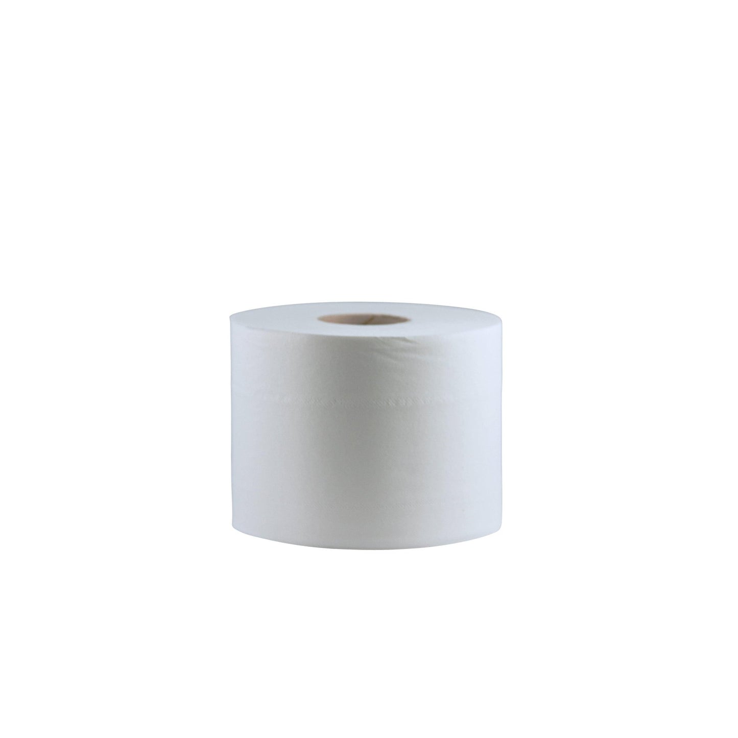Um único rolo de papel higiénico CWS Maxi 80, branco brilhante, de 2 camadas com núcleo de cartão está retratado na vertical sobre um fundo branco sólido.