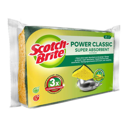 Um pacote de esponjas de limpeza Scotch-Brite® Classic da 3M Deutschland GmbH mostra duas esponjas amarelo-verdes com a inscrição "3x força de limpeza" na embalagem e a imagem de uma panela de metal a ser limpa.