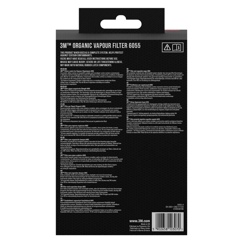 Vista traseira da embalagem do cartucho de filtro 3M™ 6055, A2 Vapores Orgânicos da 3M Deutschland GmbH com instruções multilíngues, informações do produto, avisos, um código de barras e um site em uma embalagem preta com texto branco.