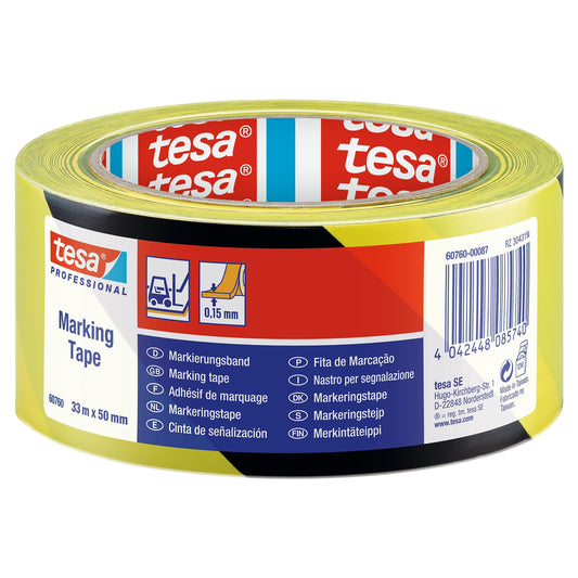 Fita de sinalização tesa Professional 60760, temporária, 33 m x 50 mm, preta e amarela
