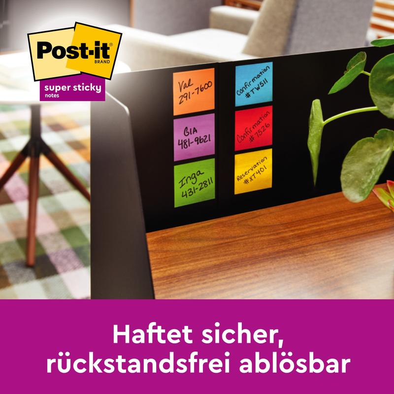 Um monitor de computador com seis Notas Adesivas Super Sticky Post-it® coloridas (3M Deutschland GmbH), 76x76 mm, ao lado de uma planta. Texto: "Adere com segurança, removível sem deixar resíduos." 45 folhas/bloco, 3 blocos/embalagem, 100% PEFC.