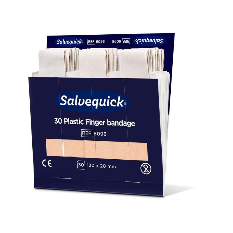 Uma caixa de Orkla Wound Care AB Fingerbinde de plástico, 120 x 20 mm, 30 unidades, mostra várias ligaduras de dedo bege na embalagem aberta azul escura com inscrição branca e azul. A embalagem contém 6 unidades.