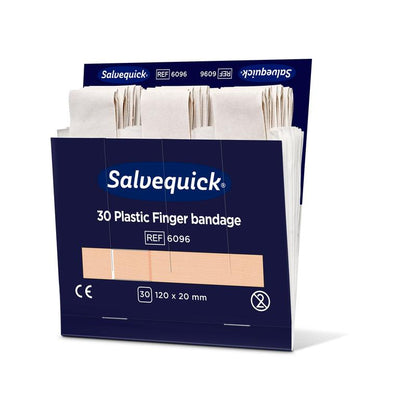 Uma caixa de Orkla Wound Care AB Fingerbinde de plástico, 120 x 20 mm, 30 unidades, mostra várias ligaduras de dedo bege na embalagem aberta azul escura com inscrição branca e azul. A embalagem contém 6 unidades.