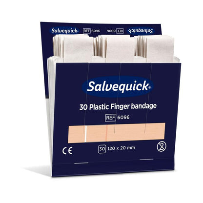 Uma caixa azul e branca aberta da Orkla Wound Care AB com a inscrição "Fingerbinde de plástico, 120 x 20 mm, 30 unid/Mine | Embalagem (6 unidades)" contém ligaduras embaladas individualmente com dimensões: 120 x 20 mm.