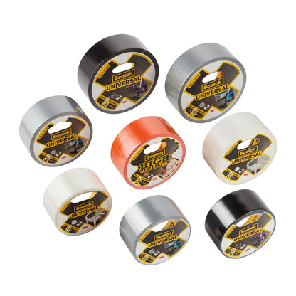 Acht Rollen 3M Deutschland GmbH Scotch® Universal Klebeband 2904 (25 m x 48 mm) in den Farben Schwarz, Silber, Weiß und Orange sind auf weißem Untergrund angeordnet. Jede Rolle ist mit "Universal" oder "Tough" beschriftet.