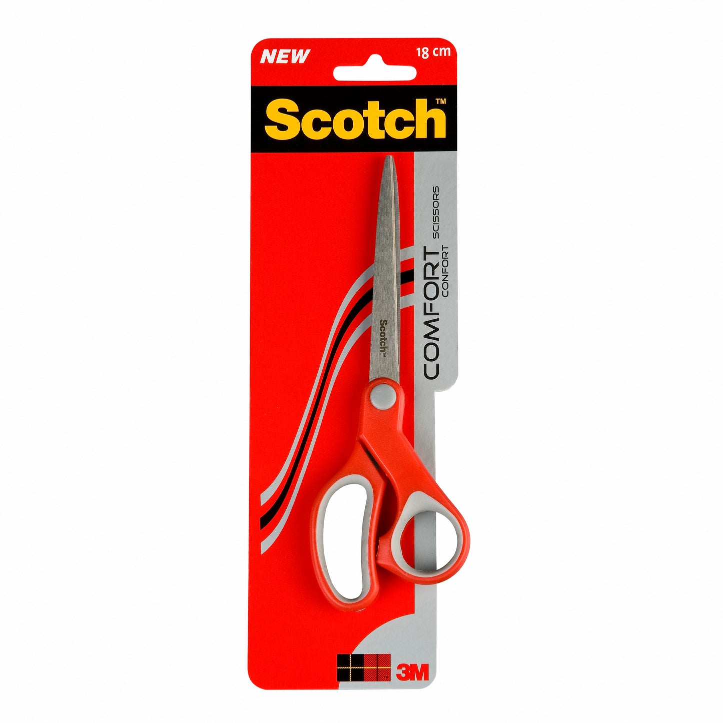 Uma tesoura de conforto Scotch™ da 3M Deutschland GmbH em vermelho, 18 cm, com embalagem de plástico e papelão é mostrada verticalmente sobre um fundo vermelho e preto.