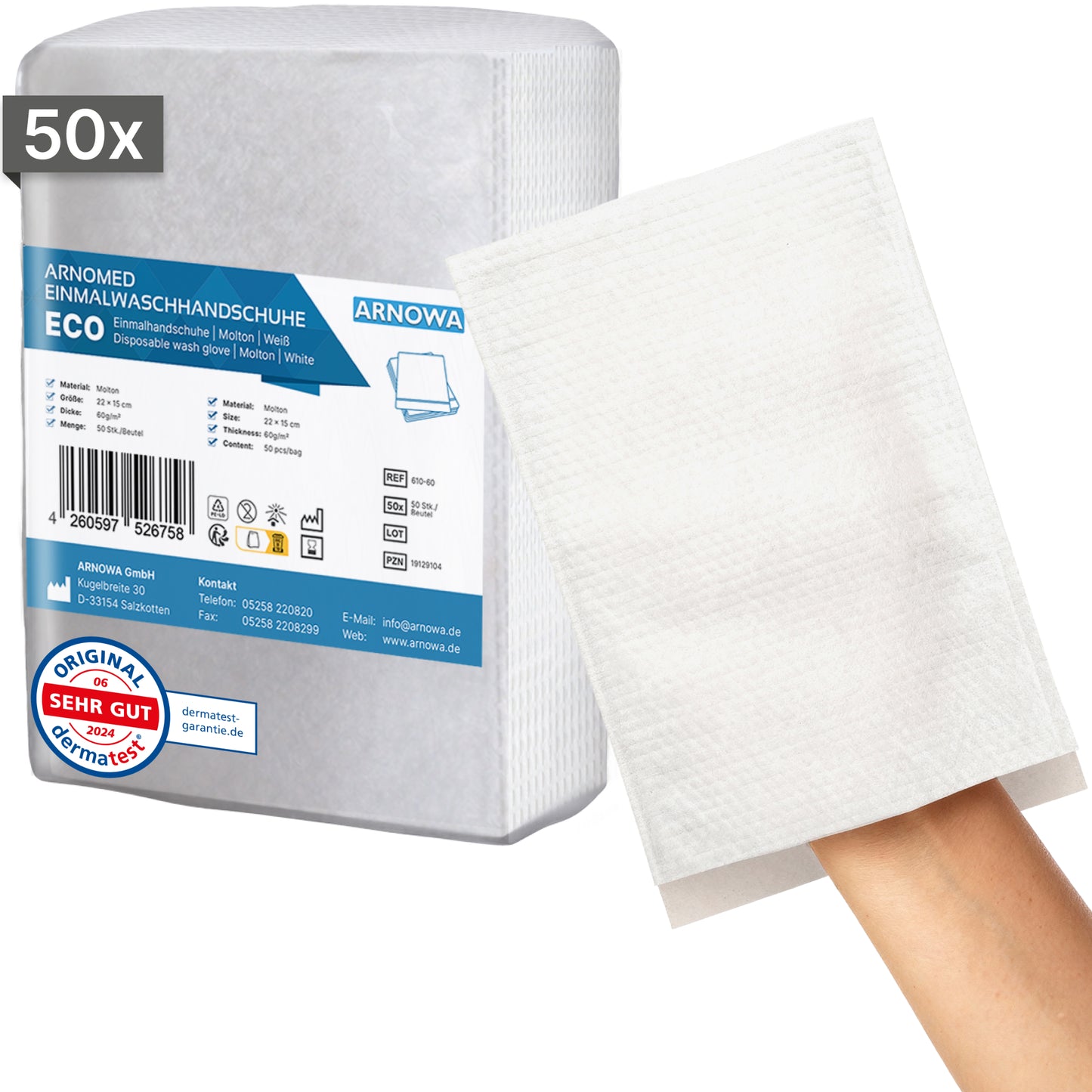 A imagem mostra um saco com 50 luvas de lavagem descartáveis ARNOMED de molton da ARNOWA GmbH. Uma luva é usada em uma mão, ao fundo estão o selo Dermatest e a etiqueta do produto.