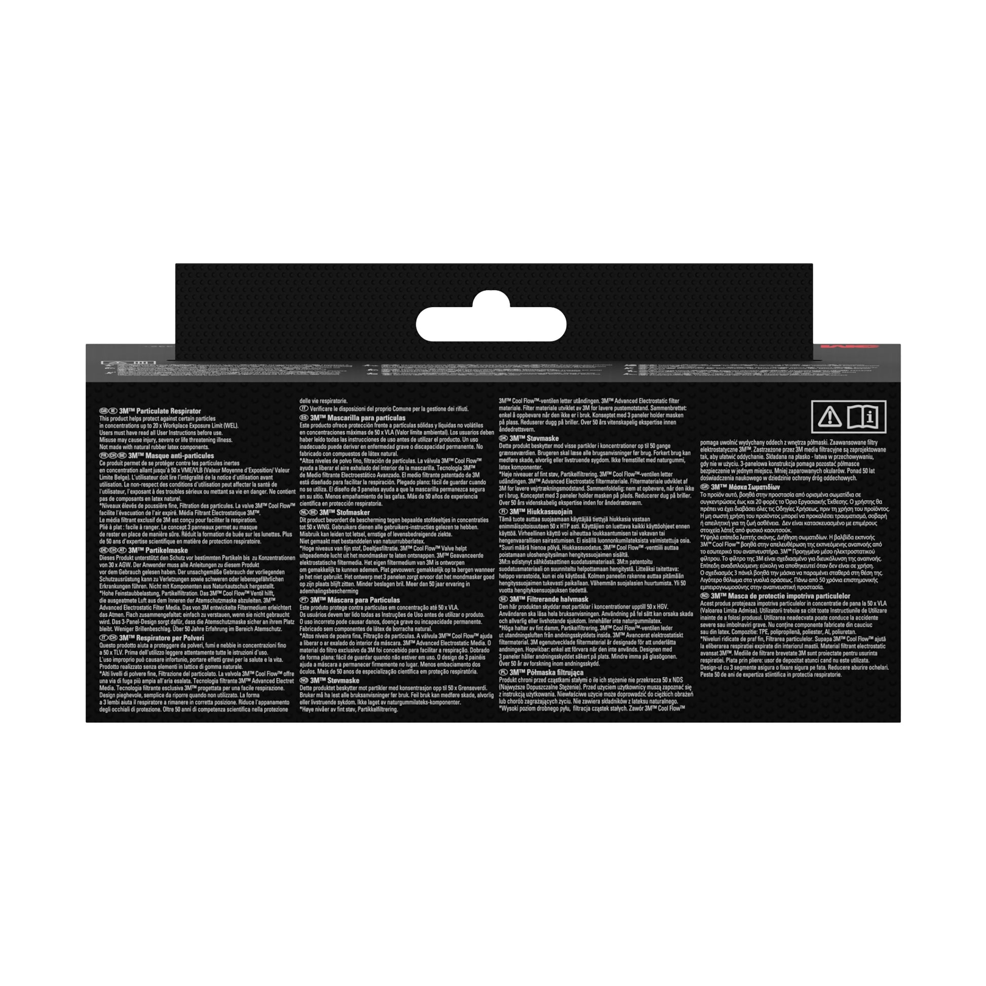 Die Rückseite der 3M™ Aura™ Comfort Cool Flow™ Partikelmaske 9332+ FFP3 von 3M Deutschland GmbH verfügt über mehrsprachige Textspalten, eine Aufhängelasche am oberen Rand und zwei Symbole auf der rechten Seite mit überwiegend weißem Text auf schwarzem Hintergrund.