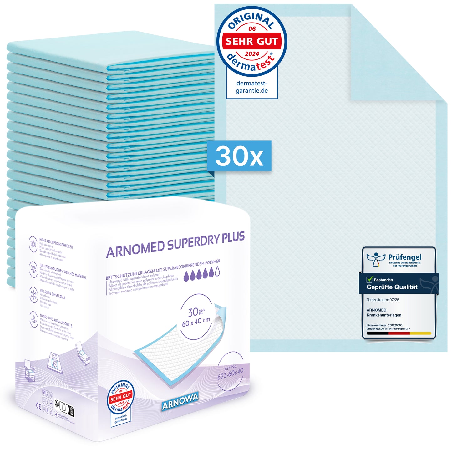 Uma pilha de 30 almofadas hospitalares ARNOMED SUPERDRY PLUS Extra absorventes com SAP da ARNOWA GmbH está ao lado da embalagem com selos de certificação e qualidade visíveis; uma almofada superabsorvente é visível no canto superior direito.