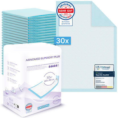 Um pacote de 30 almofadas de cama ARNOMED SUPERDRY PLUS extra absorventes (ARNOWA GmbH), cada uma com 60x90 cm com SAP, não dobradas e seladas para dermatest e qualidade mostrada. Superabsorvente garante um cuidado eficaz com a incontinência.