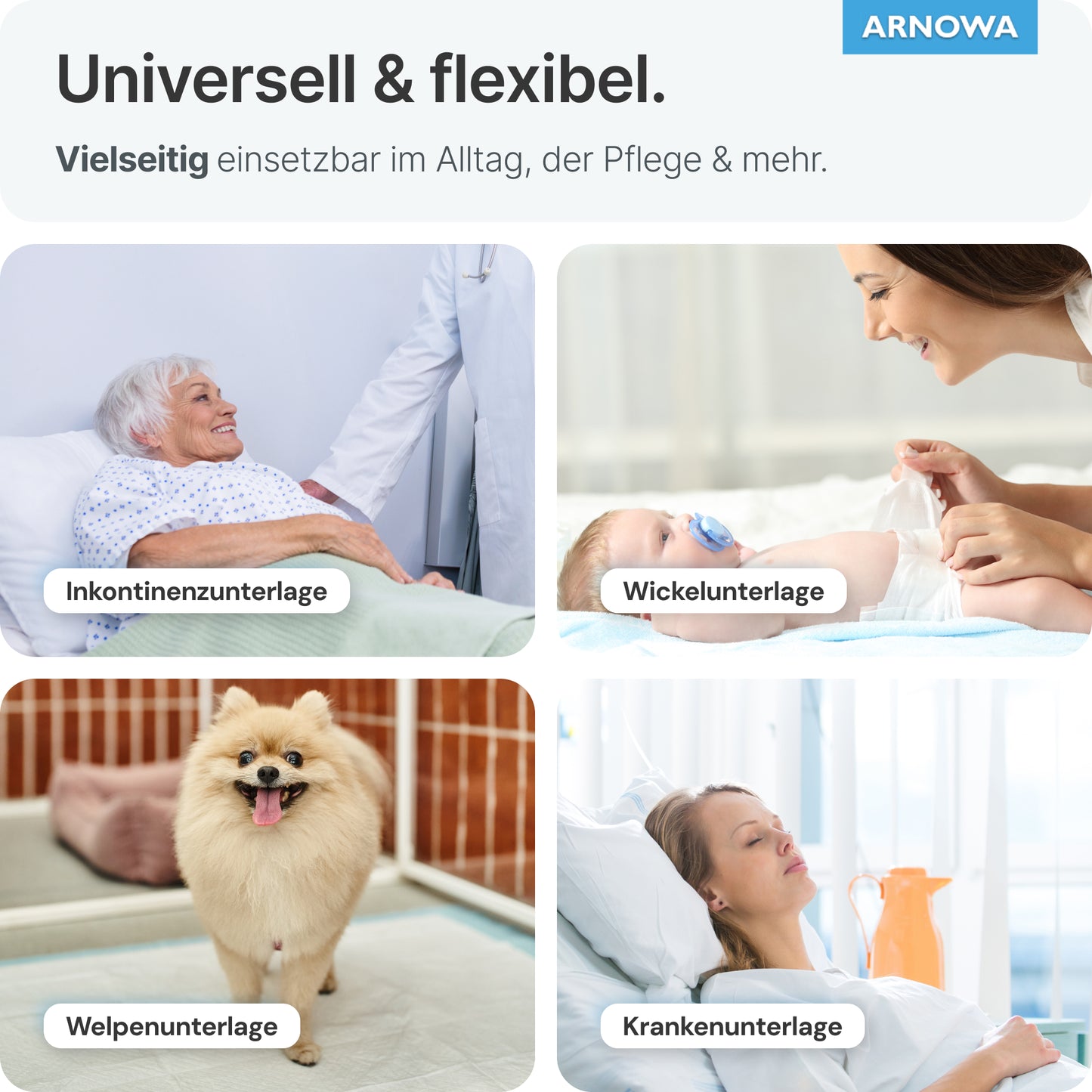 Uma colagem mostra a almofada hospitalar ARNOMED SUPERDRY PLUS Extra absorvente com SAP da ARNOWA GmbH, usada para o cuidado da incontinência de idosos, como fralda, almofada para cachorros e almofada hospitalar, com cada uso claramente identificado.