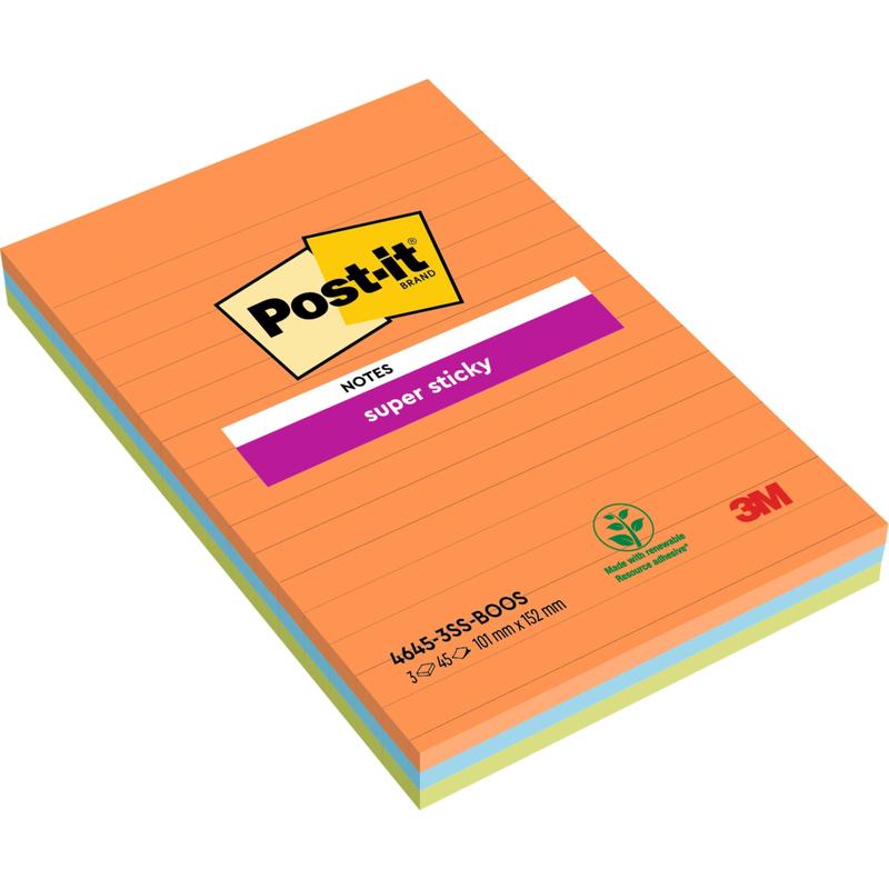 Um pacote de Post-it® Super Sticky Notes em grande formato, Boost Collection, pautado (101 x 152 mm), 3 blocos com 45 folhas, 100% certificado PEFC (SGSCH-PEFC-COC-110078) da 3M Deutschland GmbH.