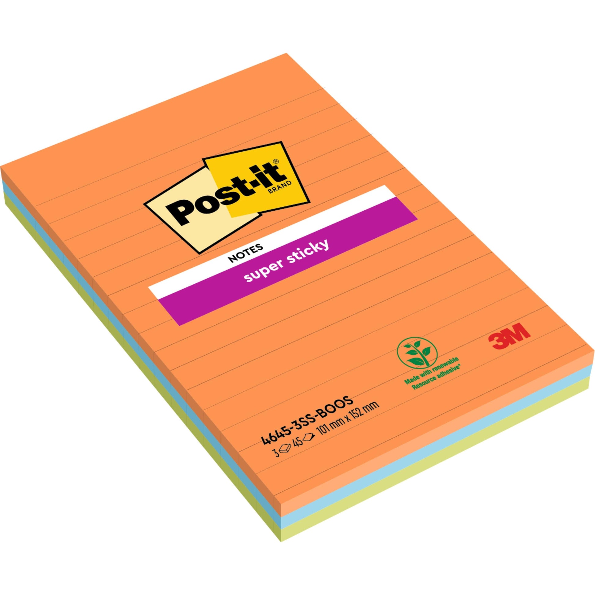Eine Packung Post-it® Super Sticky Notes, Boost Collection, liniert, 101 x 152 mm, orangefarbenes Deckblatt, 3 Blöcke mit je 45 Blatt. Mit sichtbarem 3M-Branding und PEFC-Zertifizierung (SGSCH-PEFC-COC-110078) auf der Verpackung.