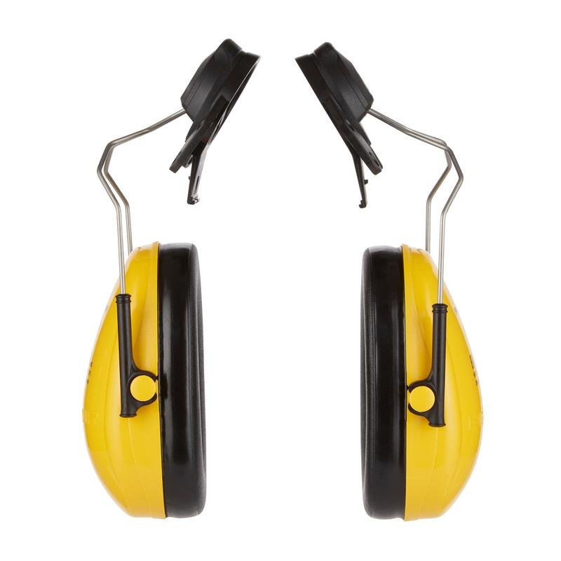 Um protetor auditivo com cápsula 3M™ PELTOR™ Optime™ I amarelo para capacete H510P3E (SNR 26 dB) da 3M Deutschland GmbH está em pé, com as conchas auriculares voltadas uma para a outra, e a faixa de cabeça arqueia-se sobre elas.