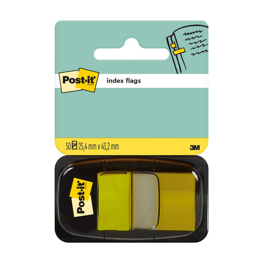 Der 3M Post-it® Index Haftstreifen Standard enthält 50 gelbe Fähnchen (25,4 mm x 43,2 mm) in einem Spender mit teal-gelber Verpackung, auf der das Post-it-Logo und eine Illustration zur Markierung einer Seite abgebildet sind.