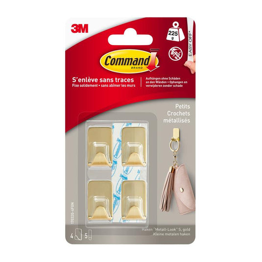 O gancho metálico Command™ tamanho S na cor dourada (17032BR-4ES) da 3M Deutschland GmbH inclui 4 ganchos e 5 tiras para uma fixação que não danifica as superfícies — ideal para pendurar porta-chaves e muito mais.