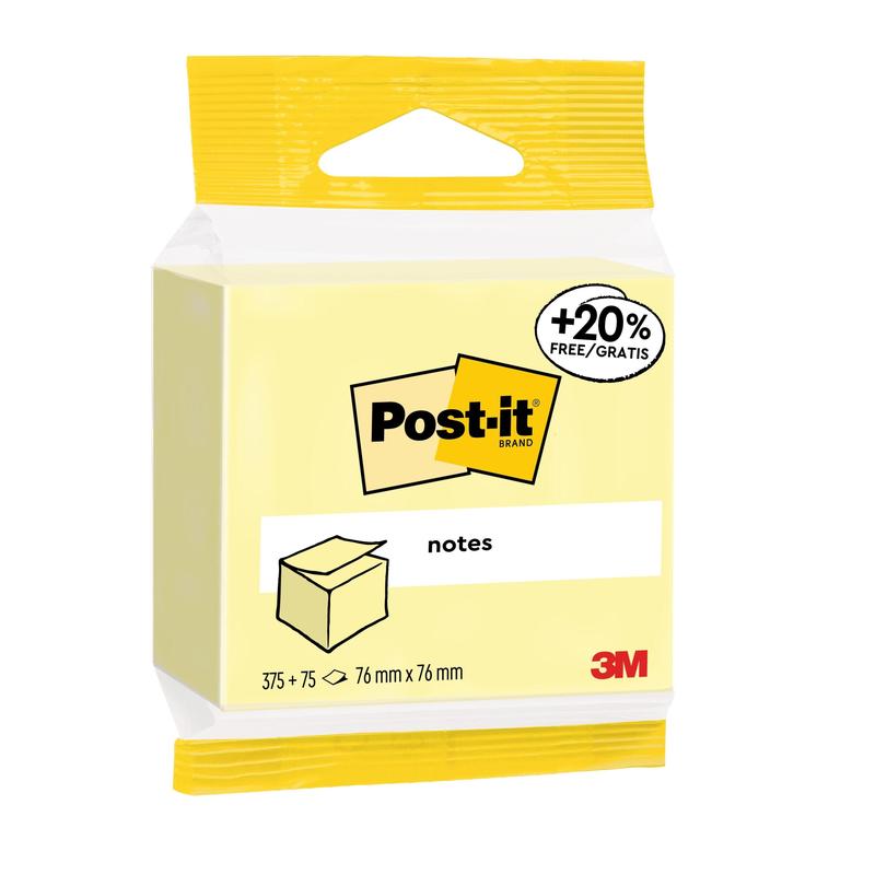 Um pacote de Notas Post-it® (amarelas, 76 mm x 76 mm, 450 folhas) da 3M Deutschland GmbH. Inclui "+20% grátis", com imagem de cubo e certificação PEFC (SGSCH-PEFC-COC-110078), 1 bloco/pacote.