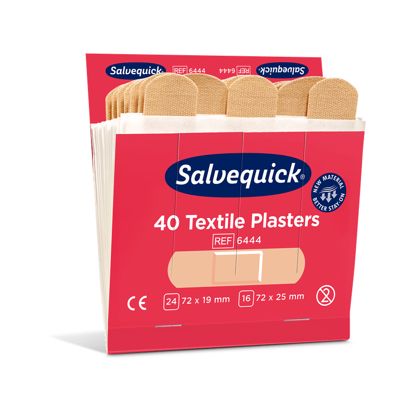 Uma caixa aberta de Orkla Wound Care AB Textilgesso (40 unid./Recarga | Embalagem, 6 peças) mostra pensos de tecido bege. A embalagem destaca o rápido cuidado de feridas, vários tamanhos e certificações do produto.