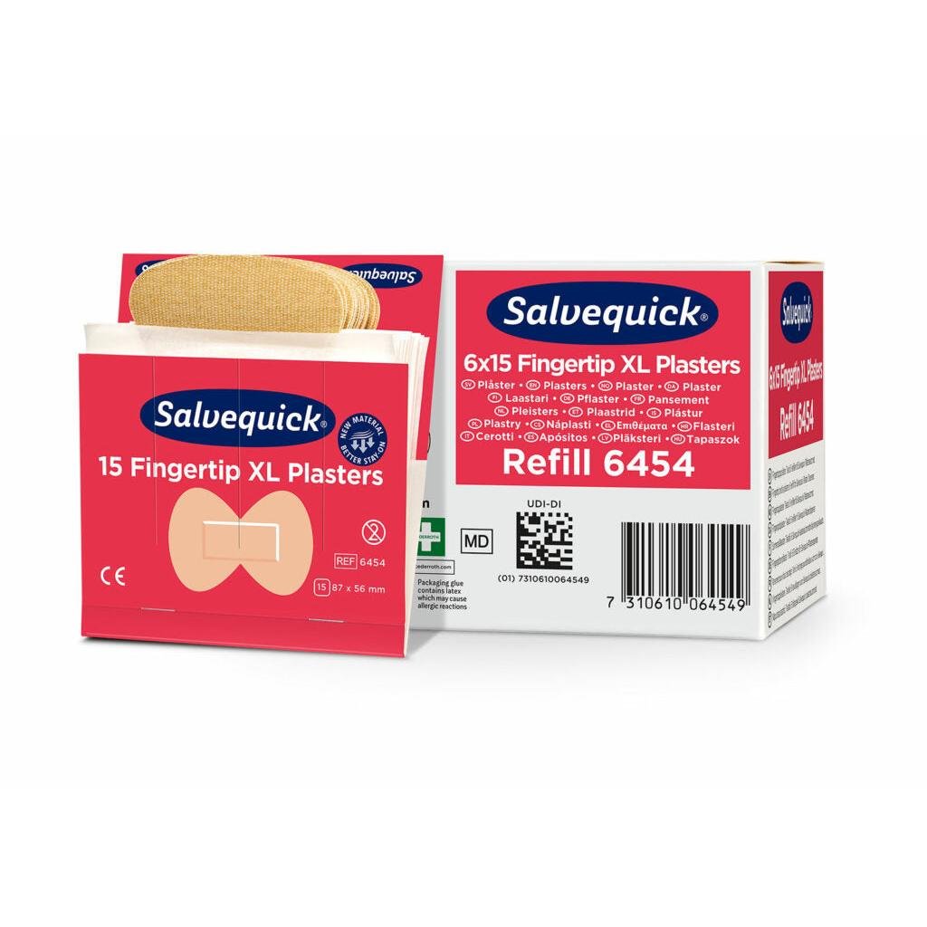 Estão representadas uma caixa e uma embalagem aberta de Orkla Wound Care AB XL Pensos de Tecido para Pontas dos Dedos, 15 unidades/Mina | embalagem (6 unidades). A embalagem branco-vermelha contém informações do produto e imagens destes pensos flexíveis para pontas dos dedos.