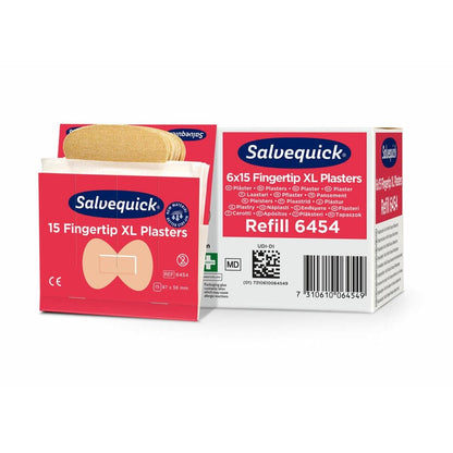 Estão representadas uma caixa e uma embalagem aberta de Orkla Wound Care AB XL Pensos de Tecido para Pontas dos Dedos, 15 unidades/Mina | embalagem (6 unidades). A embalagem branco-vermelha contém informações do produto e imagens destes pensos flexíveis para pontas dos dedos.