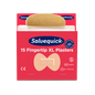 Uma caixa vermelha de Orkla Wound Care AB XL Pensos de Tecido para Pontas dos Dedos, 15 unidades/Mina (embalagem de 6 unidades), com um penso parcialmente removido. Na embalagem estão o símbolo CE, as dimensões e uma imagem da forma das pontas dos dedos.