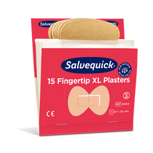 Eine Packung Orkla Wound Care AB XL Fingertip Textilpflaster (15 Stück/Mine | Packung, 6 Stück) mit flexiblen beigen Pflastern in einer rot-weißen Schachtel, jedes Pflaster 87 x 56 mm groß.