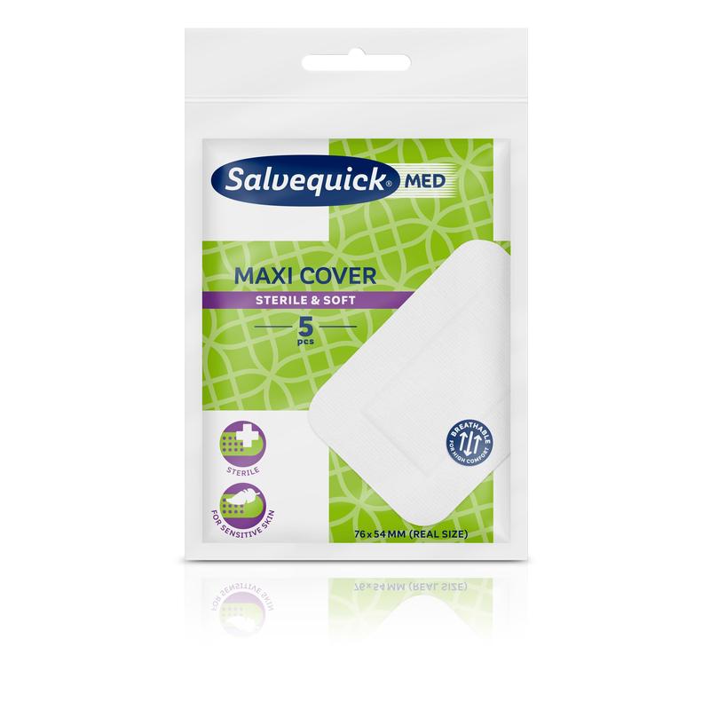 Na imagem está uma embalagem de Salvequick Maxi 76x54 mm Coberturas de Feridas da Orkla Wound Care AB. A caixa verde e branca contém 5 coberturas de feridas estéreis e macias e mostra na frente informações do produto, bem como uma imagem da cobertura de ferida.