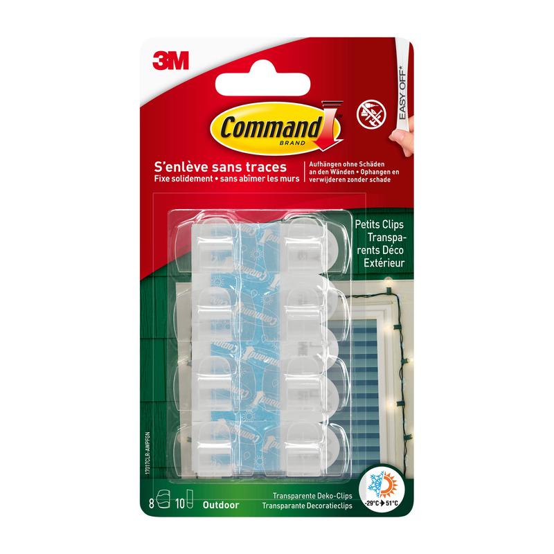 Command™ Outdoor Lichter-Clips, 17017CLR-AWPU da 3M Deutschland GmbH: 8 clipes resistentes às intempéries e 10 tiras para iluminação exterior. Embalagem com instruções em francês e inglês.