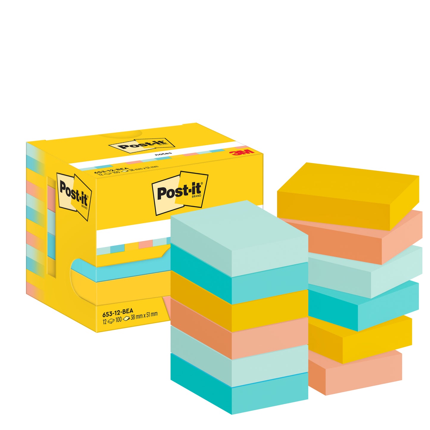 Uma caixa amarela de notas Post-it®, Beachside Collection (38 mm x 51 mm, 100 folhas/bloco, 12 blocos/pacote), da 3M Deutschland GmbH é mostrada com notas retangulares em tons pastel - todas feitas de papel 100% certificado PEFC.