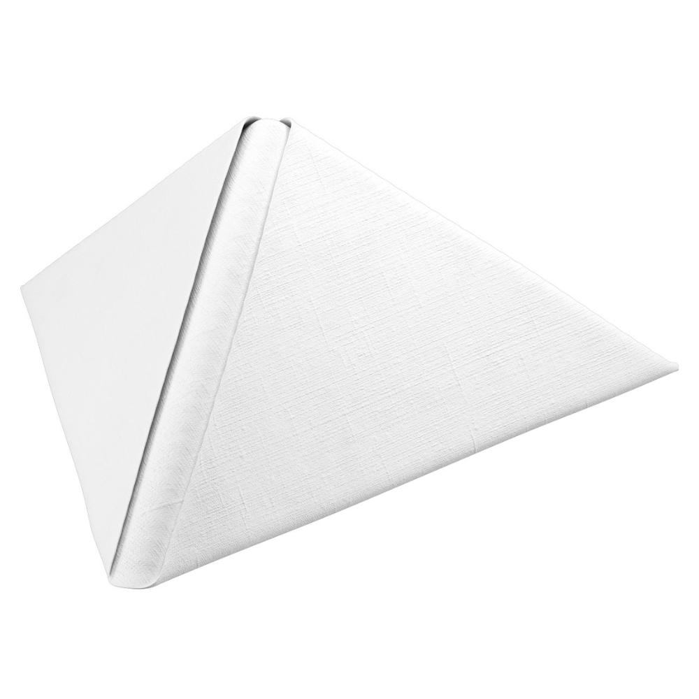 Um guardanapo Duni Dunilin® dobrado em forma de triângulo 48 x 48 cm Branco da Duni GmbH destaca-se do fundo branco e acentua sua textura semelhante a tecido e seu padrão sutil.