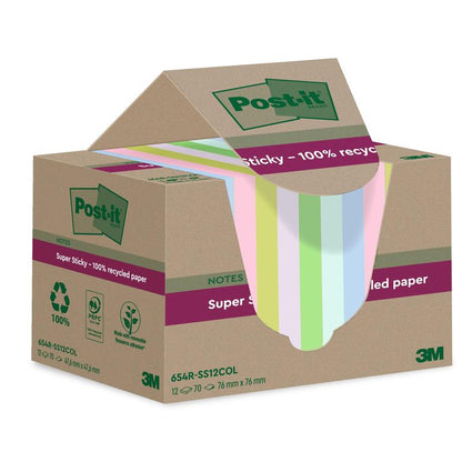Uma caixa de 3M Post-it® Super Sticky 100% Notas Recicladas (76 mm x 76 mm, 70 folhas, PEFC-certificado) em várias cores pastel, com embalagem ecológica acentuada em verde e roxo.