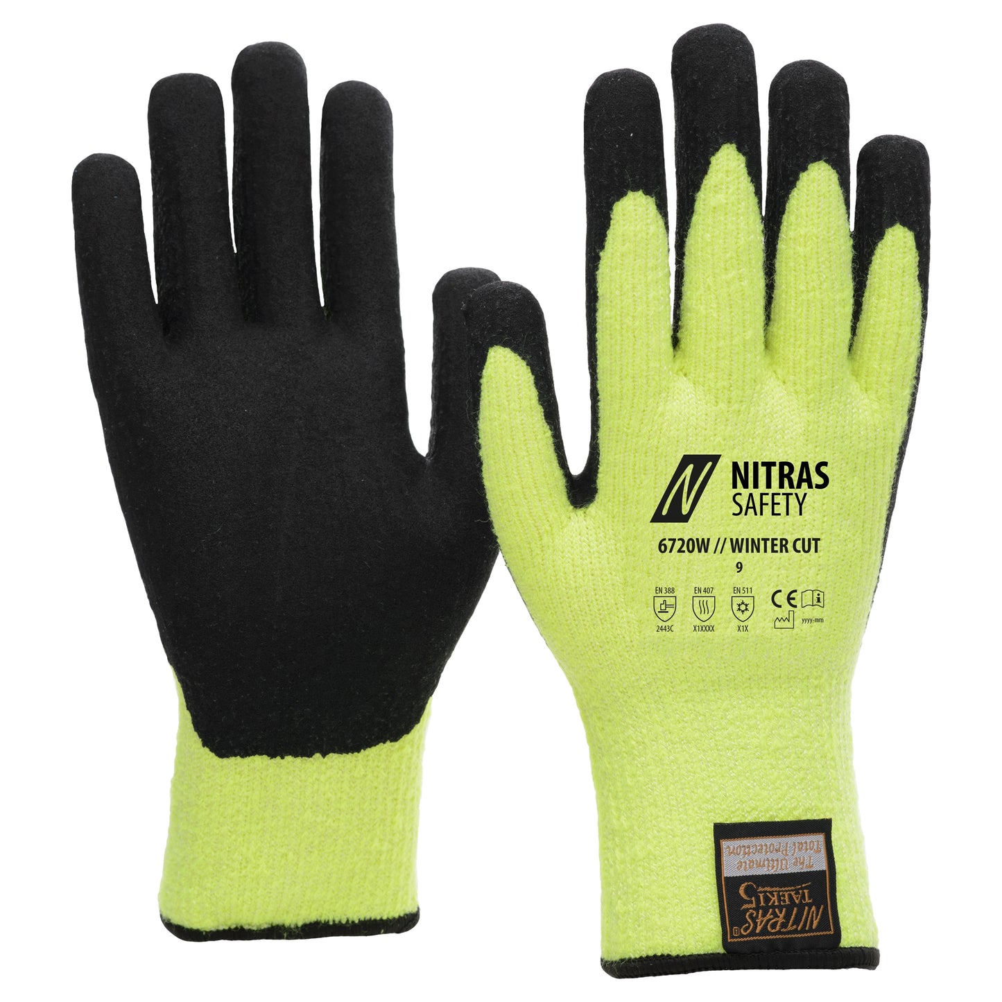 NITRAS TAEKI WINTER CUT, luvas de proteção contra cortes, amarelo neon / preto
