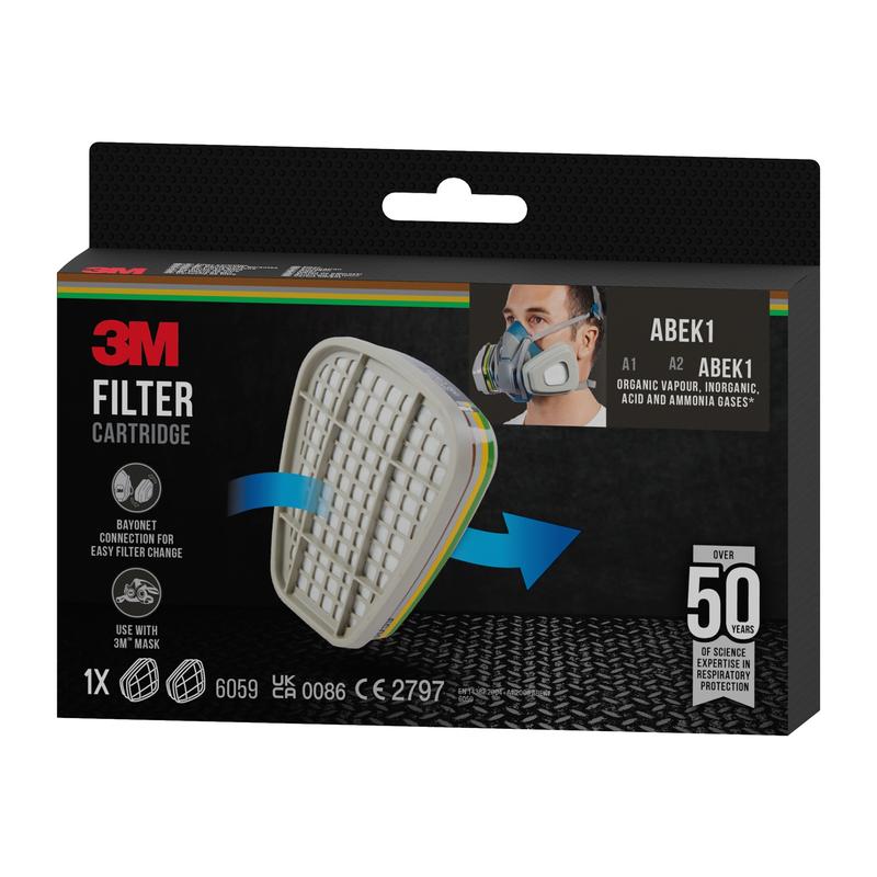 Uma caixa retangular do cartucho de filtro 3M™ 6059, filtro combinado ABEK1 (1 par/pacote) da 3M Deutschland GmbH, desenvolvida para máscaras de proteção respiratória e proteção contra vários gases e vapores com mais de 50 anos de experiência.