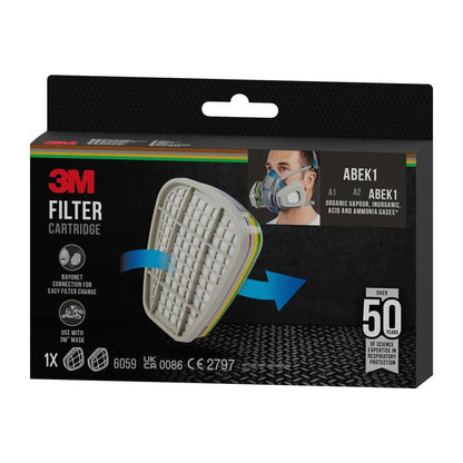 Uma caixa retangular do cartucho de filtro 3M™ 6059, filtro combinado ABEK1 (1 par/pacote) da 3M Deutschland GmbH, desenvolvida para máscaras de proteção respiratória e proteção contra vários gases e vapores com mais de 50 anos de experiência.