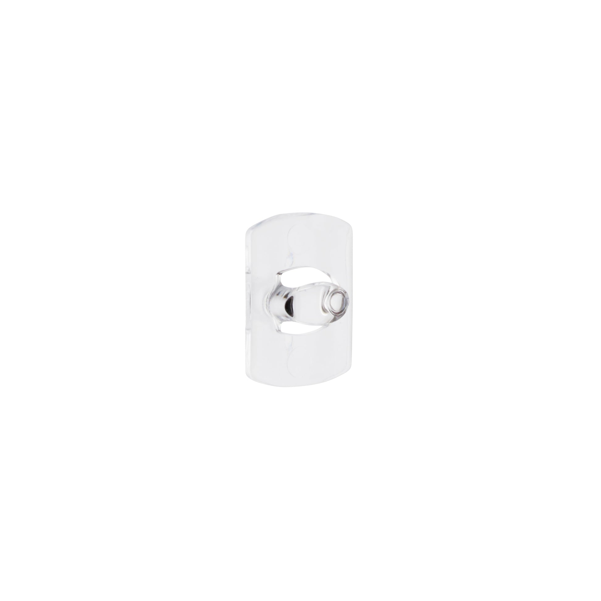 Ein transparenter Command™ Dekorations-Clip der 3M Deutschland GmbH mit transparenten Streifen steht mittig auf einem einfarbig weißen Hintergrund.