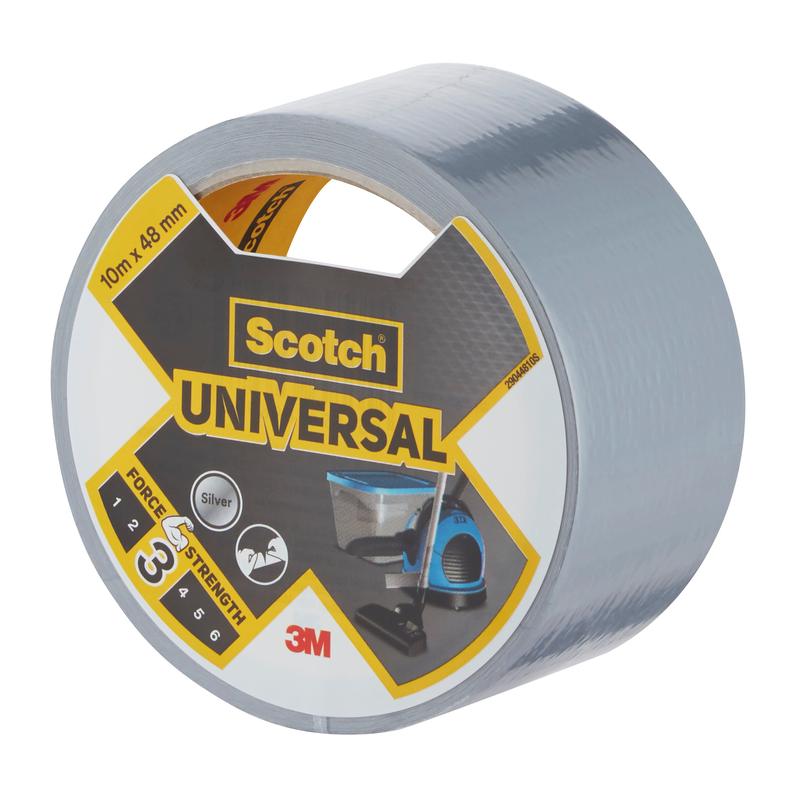 Um grande rolo de fita adesiva Scotch® Universal 2904 (10 m x 48 mm) da 3M Deutschland GmbH, com embalagem rotulada que mostra comprimento, largura, resistência, logotipos de marca e gráficos da fita em uso em várias superfícies.