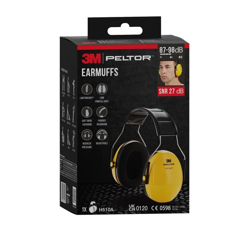 Na imagem, uma caixa de protetores auriculares 3M™ PELTOR™ Optime™ I H510A (SNR 27 dB, amarelo, 1 peça) da 3M Deutschland GmbH. A embalagem destaca o design leve e a faixa de cabeça ajustável; também há uma foto do usuário visível.