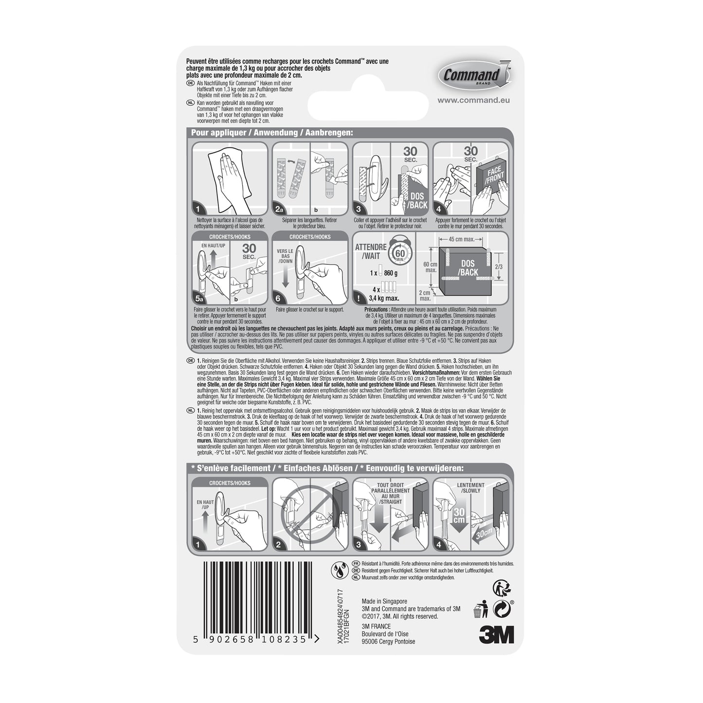Die Command™ Strips 17021B, wasserfest (Größe M, 10/Packung) von 3M Deutschland GmbH verfügen über illustrierte Anwendungshinweise, Sicherheitshinweise, mehrsprachigen Text, Barcode und das 3M-Logo-ideal zur Befestigung ohne Bohren im Badezimmer.