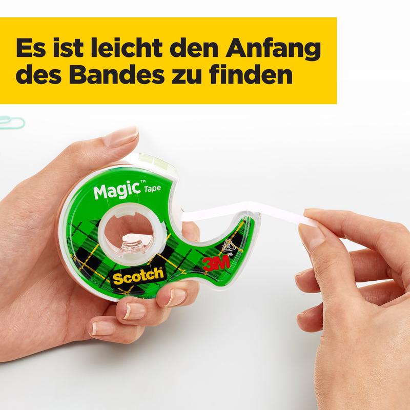 Uma mão segura um rolo de fita adesiva invisível Scotch® Magic™ 8-1925R3 da 3M Deutschland GmbH, com a ponta da fita levantada. Em uma caixa amarela está o texto em alemão "É fácil encontrar o início da fita".