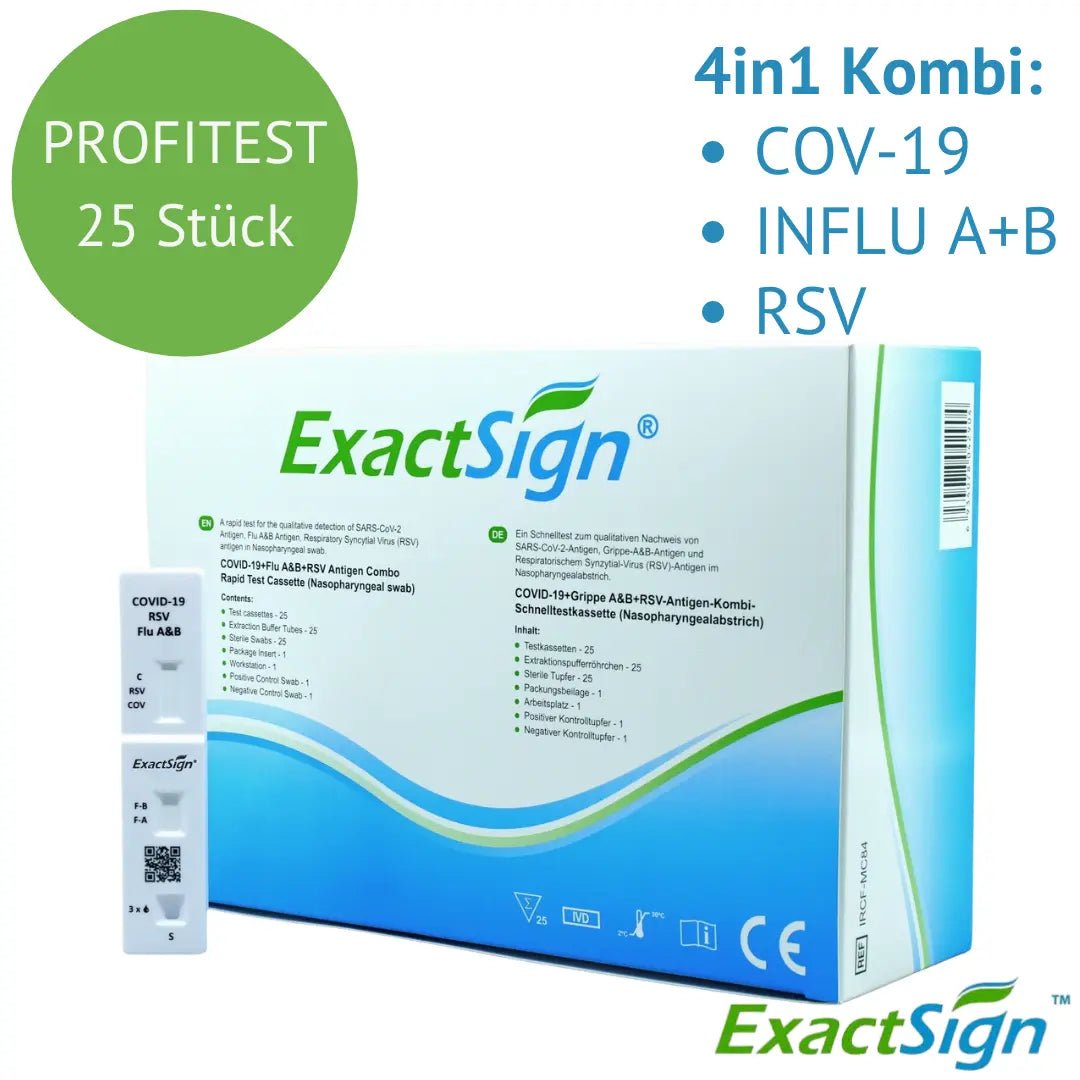 Uma caixa com a inscrição "ExactSign 4in1 Antigen Combo Rapid Test" (25 peças) da ExactSign para COV-19, Influenza A+B e RSV é mostrada em uma embalagem de diagnóstico branca, verde e azul.