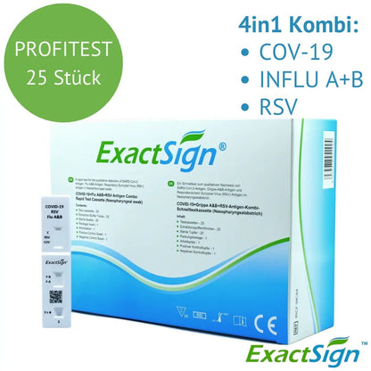 Uma caixa com a inscrição "ExactSign 4in1 Antigen Combo Rapid Test" (25 peças) da ExactSign para COV-19, Influenza A+B e RSV é mostrada em uma embalagem de diagnóstico branca, verde e azul.