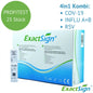 Uma caixa com a inscrição "ExactSign 4in1 Antigen Combo Rapid Test" (25 peças) da ExactSign para COV-19, Influenza A+B e RSV é mostrada em uma embalagem de diagnóstico branca, verde e azul.