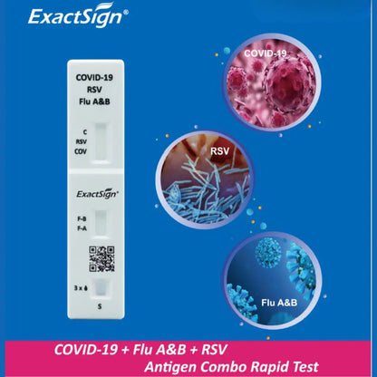 À esquerda está o teste rápido de combinação de antígenos ExactSign 4in1 | Embalagem (25 peças) para COVID-19, RSV e gripe A & B. À direita aparecem símbolos de vírus rotulados em um fundo azul, apresentando este produto de diagnóstico ExactSign.