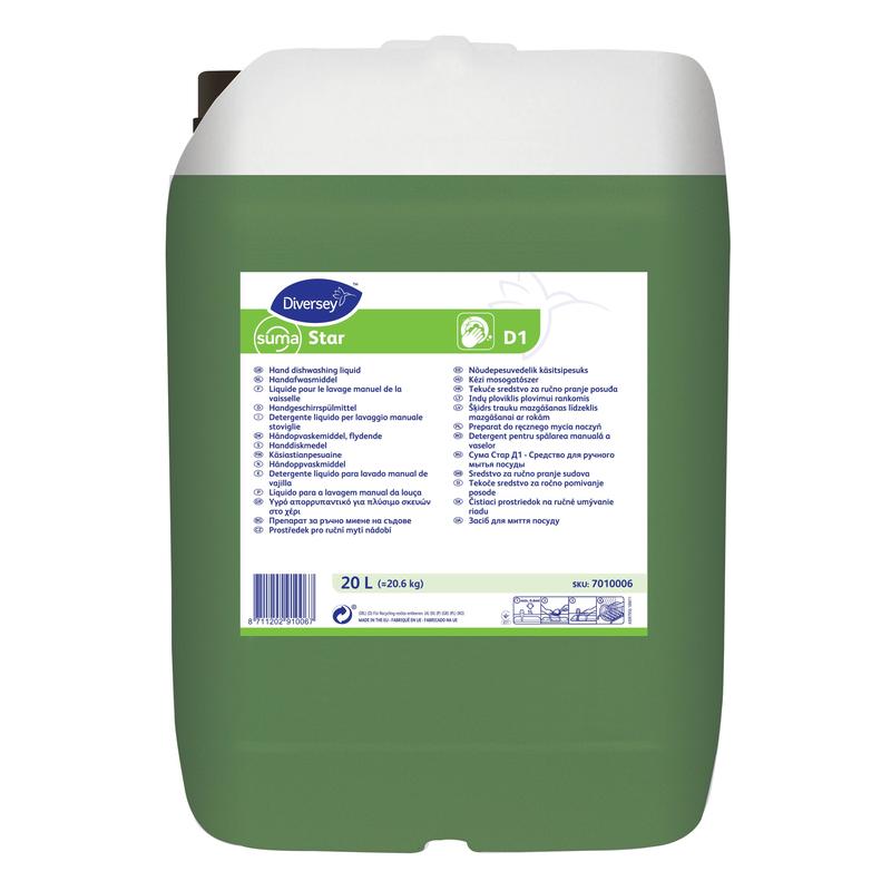 Um recipiente de 20 litros de plástico verde com Suma Star D1, detergente líquido neutro para lavagem manual da Diversey Deutschland GmbH & Co. OHG, com um rótulo branco com detalhes do produto e instruções multilíngues para limpeza completa.