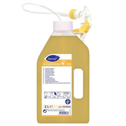 Uma garrafa de 2 litros Diversey Deutschland GmbH & Co. OHG Suma Extend D3, desengordurante, pronto para uso, seguro para alumínio com bomba branca e amarela e rótulo detalhado para limpeza segura de alumínio pronta para uso.