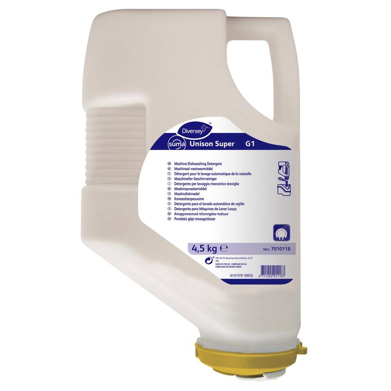 Um cartucho de 4,5 kg de Suma Unison Super G1, detergente para louça para água macia, sem cloro, da Diversey Deutschland GmbH & Co. OHG, com recipiente de plástico branco com alça, tampa amarela e etiqueta multilingue azul e branca.