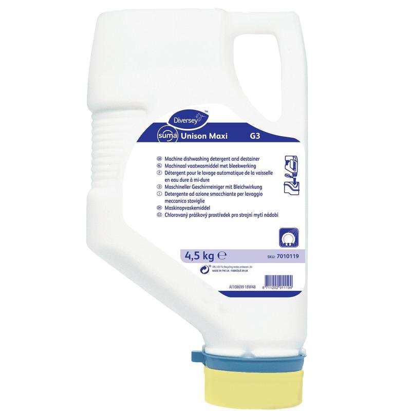 Um cartucho branco de 4,5 kg de detergente para louça Diversey Suma Unison Maxi G3 para água de dureza média a dura (contém cloro) com etiqueta azul, tampa azul e dispensador amarelo da Diversey Deutschland GmbH & Co. OHG.